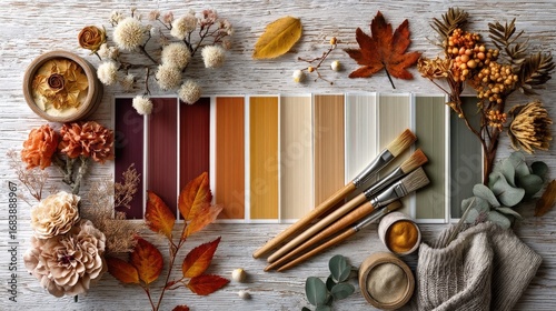 Fall & Autumn : Autumn color palette with leaves and painting tools arranged artistically.