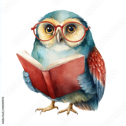 Adorable Owl Reading a Book , PNG isolated cut out image