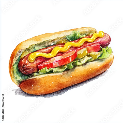 Watercolor Illustration of a Delicious Hot Dog , PNG isolated cut out image