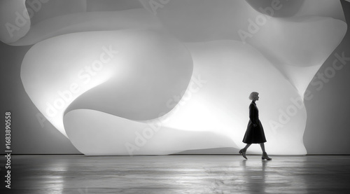Fototapeta Naklejka Na Ścianę i Meble -  Elegant woman silhouette walking in front of large abstract white fabric installation, soft curves and dramatic lighting create surreal, modern, artistic atmosphere