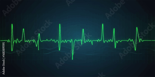 Green medical vector illustration of a healthy heart's rhythmic heartbeat on an EKG monitor, showing the pulse and wave graph
