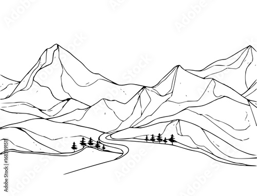Majestic mountain range with winding road and pine trees evokes adventure and natural beauty