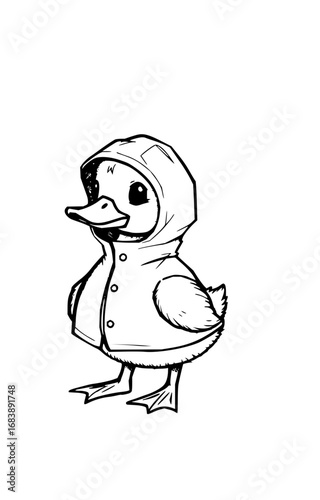 Adorable duckling wearing a raincoat and hood, ready for rainy day adventures and outdoor fun.