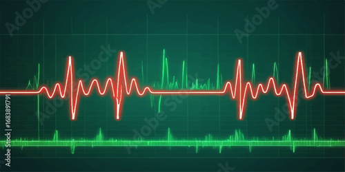 A vibrant green heartbeat pulse illustrates a healthy medical cardiogram on a monitor, reflecting the vital rhythm of life and health