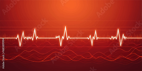 A dynamic red cardiogram illustrates a rhythmic heartbeat on a medical monitor