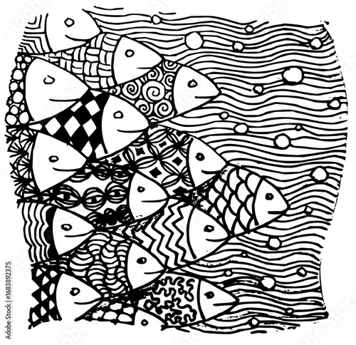 Whimsical school of fish swims together creating a playful, artistic underwater scene