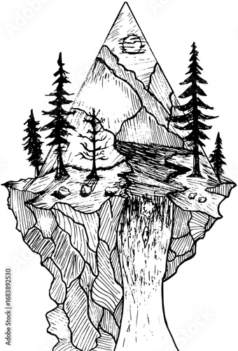 Stunning floating island mountain landscape with trees and waterfall, a surreal natural wonder