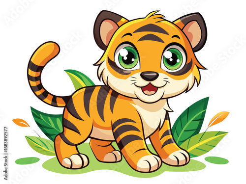 Adorable baby tiger cub with big green eyes posing playfully amidst lush green foliage cute wildlife vector