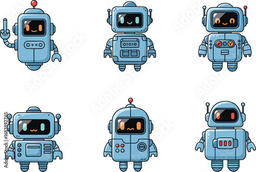 cartoon robots with faces, cute blue android characters, playful mechanical designs, smiling robot illustration, fun tech-themed artwork