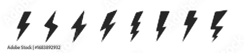 Lightning bolt grunge halftone icon. Flash symbol, thunderbolt, blitz lightning strike sign with dotted jagged edges. Electric energy black silhouettes, power concept. Vector dynamic sports logo set