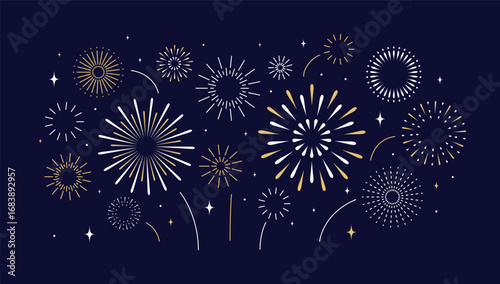 Firework background. Happy New Year golden festive fireworks burst on dark night sky for Birthday celebration greeting cards, event invites, holiday decor. Elegant minimal flat vector illustration