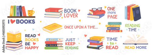 Book reading quote. Cartoon book stacks with inspirational reading phrases Read More, Book Lover, Time to Read for posters, social media, stationery. Literary passion, nerd and library vector concept