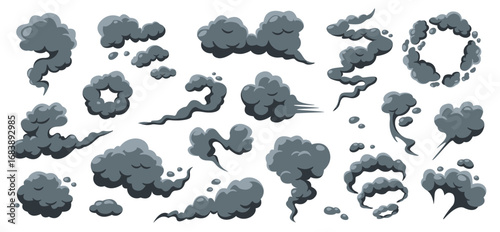 Explosive smoke cartoon clouds. Manga dark smoke puffs and swirling cloud. Bomb smoky explosions, dust and vapor steam for comic scene, fire blast effect and car exhaust. Vector isolated set