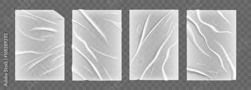 Glued paper. Realistic wrinkled wet transparent paper sheet texture with soft shadows and folds. Subtle blank overlay with crease for posters, flyers or design backgrounds. Vector isolated mockups