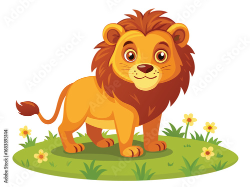 Adorable cartoon lion king cub roaming through a grassy meadow with small flowers and a curled tail vector