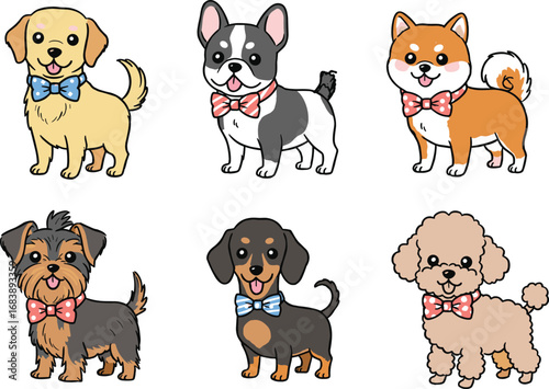 Cartoon dog breeds in bow ties, cute pet illustration, playful animal characters, stylish dog poses, cheerful vector art, stock design