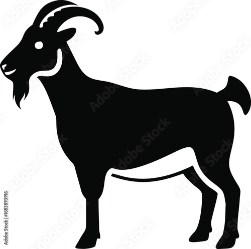 Stylized silhouette of a black goat standing alertly with curved horns and a beard silhouette