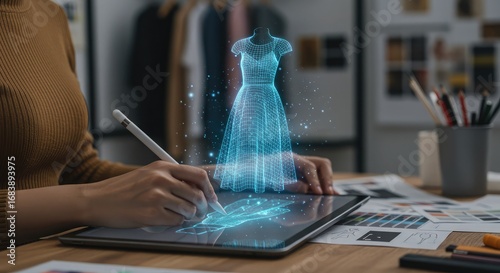 A woman uses a digital tablet to design a dress, showcasing virtual fashion design technology.