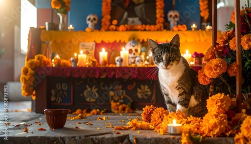 A cat sits before an altar