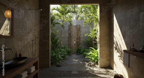 Luxurious bathroom with an open-air shower surrounded by lush tropical greenery and palm trees.