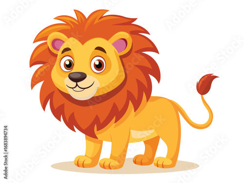 Joyful cartoon lion with fluffy mane smiling happily standing proudly in a meadow vector