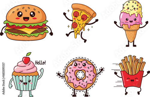 Food, cartoon, cute, happy, smiling, hamburger, pizza, ice cream, cupcake, donut, fries, kids, fun, playful, character, illustration, snack, colorful, anthropomorphic