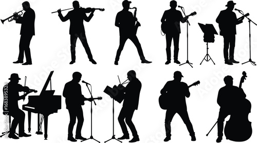 Silhouette, musicians, playing, trumpet, flute, saxophone, singer, clarinet, piano, electric guitar, violin, acoustic guitar, double bass, jazz, orchestra, concert, performance,