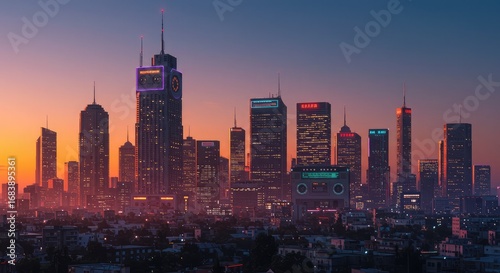 City skyline at sunset with illuminated skyscrapers and urban landscape in the evening.
