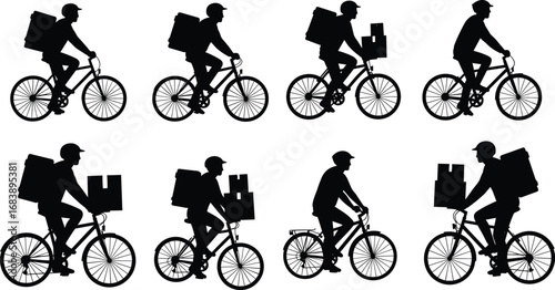 Silhouette, delivery, cyclists, riding, bicycles, carrying, boxes, bags, courier, service, helmet, transportation, shipping, urban, logistics, express, parcel, messenger, cargo, 
