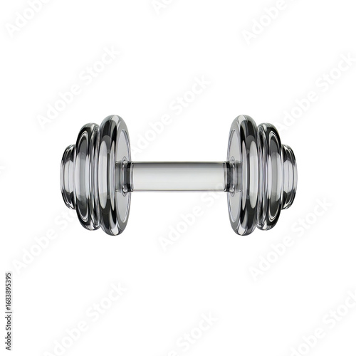 Sleek chrome dumbbell perfect for fitness product ads or gym branding, promoting strength and wellbeing