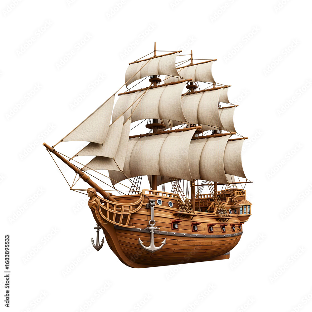 Fototapeta premium Explore the high seas with this stunning 3D model of a classic wooden sailing ship ready for adventure