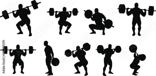 Silhouette, weightlifting, athletes, lifting, barbells, gym, fitness, training, workout, bodybuilding, squat, deadlift, press, strength, exercise, muscular, sport, powerlifting, competition