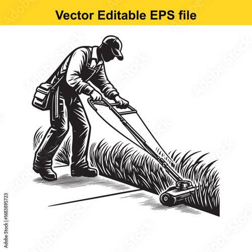 Man mowing lawn with lawnmower on sidewalk, vector illustration