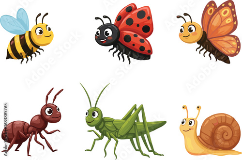 Insects, cartoon, cute, happy, smiling, bee, ladybug, butterfly, ant, grasshopper, snail, kids, fun, playful, character, illustration, nature, colorful, bug