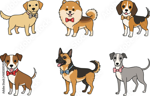 Cute cartoon dogs wearing colorful bow ties, playful pet breed illustration set for kids, stylish animal art, fashion and accessory themes
