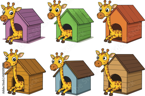 Cute cartoon giraffe characters sitting by colorful doghouses, adorable animal mascot set, playful wildlife illustration, fun pet theme, vector design collection