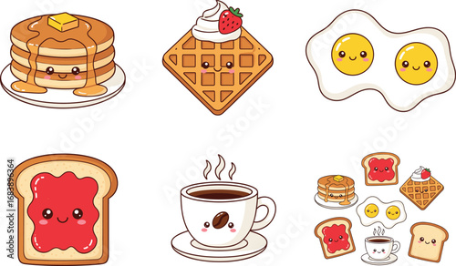 Breakfast, cartoon, cute, smiling, pancakes, waffle, eggs, toast, coffee, kawaii, food, happy, fun, character, morning, illustration, kids, anthropomorphic
