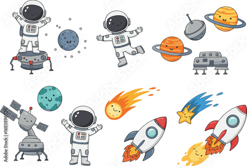 Cute cartoon space clipart, astronaut illustration, planets and rockets, outer space vector, kids galaxy theme, cosmic adventure design.