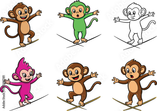 Cute cartoon monkeys balancing on tightropes, playful animal character illustration set for kids, circus, performance, and adventure themes