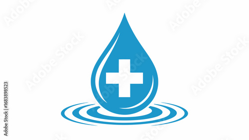 Blue water drop logo with a white cross symbolizing purity and clean water source