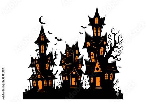 Haunted House Silhouette Black Orange PNG on Transparent Background