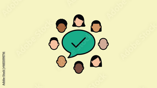 Diverse team consensus shown with checkmark in speech bubble group collaboration