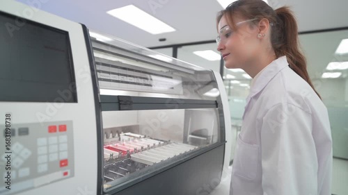 Wallpaper Mural A scientist in a white lab coat focuses intently on examining samples using a microscope. The modern laboratory features high-tech equipment and organized workspace. Torontodigital.ca