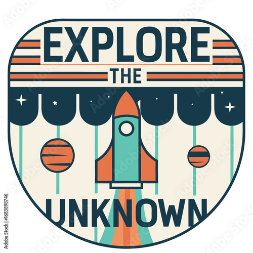 Retro Adventure Badge Featuring Rocket Ship and Planets with Explore Slogan
