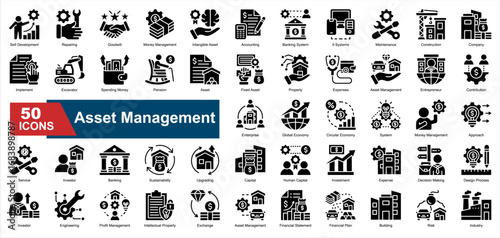 A collection of Asset Management icons. Includes investment, risk, enterprise, engineering, maintenance, accounting, and more. Perfect for presentations, reports, and business visuals.