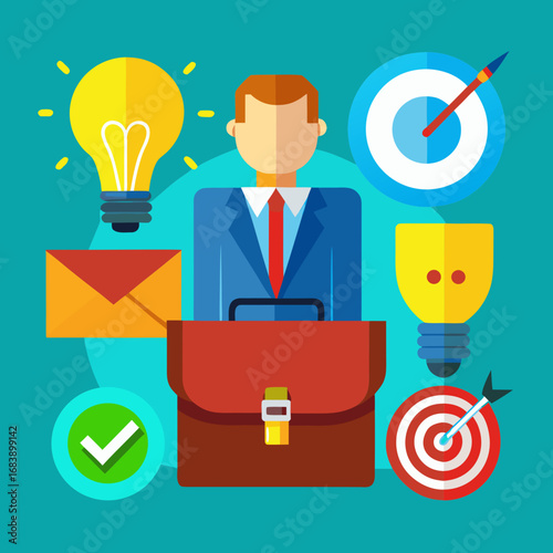 Flat design vector illustration of business concepts including briefcase lightbulbs and targets
