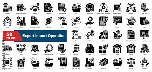 A collection of line style Export Import Operation icons. Includes customs, market entry, tariffs, documentation, export, import, shipping, and more. Perfect for presentations, reports.