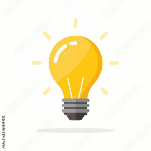 Flat design glowing yellow lightbulb vector illustration for ideas and innovation concepts