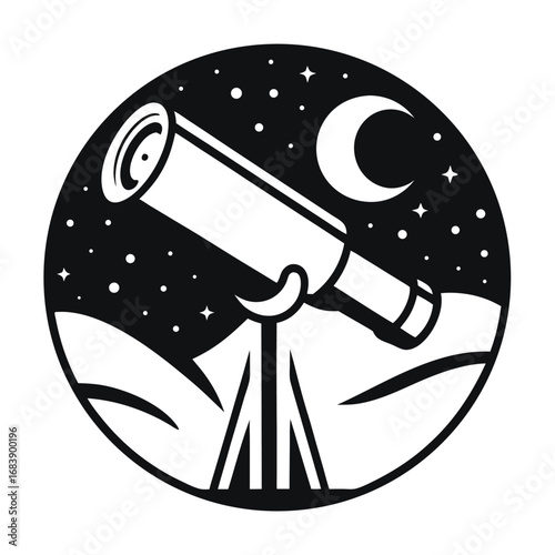 Monochrome Telescope Observing the Crescent Moon and Stars, A Celestial Science T-shirt Design