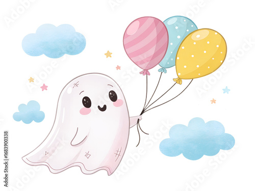 Pastel ghost floating with balloons, transparent background